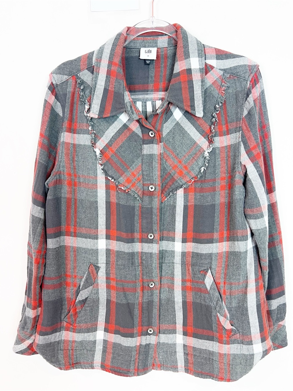 CABI TAVERN SHIRT GRAY RED WHITE PLAID BUTTON FRONT SHACKETT STYLE 4164 MEDIUM - Picture 1 of 4